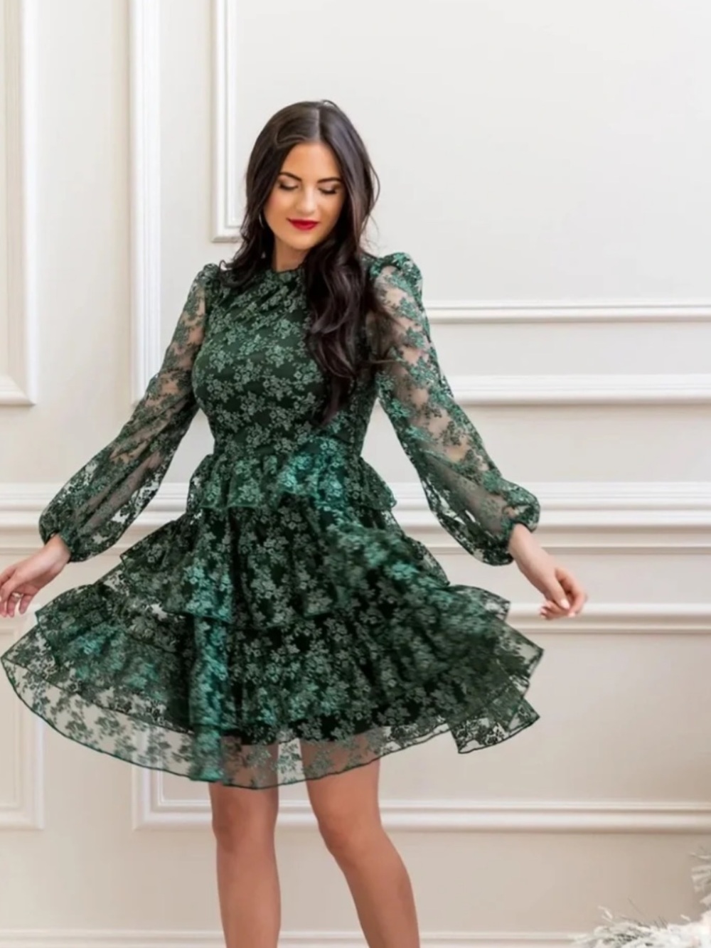 Rachel Parcell Emerald Green Floral Tiered Long Sleeve Dress - S